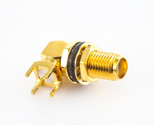 SMA連接器全密封防水母頭彎式PCB安裝插孔前鎖穿墻