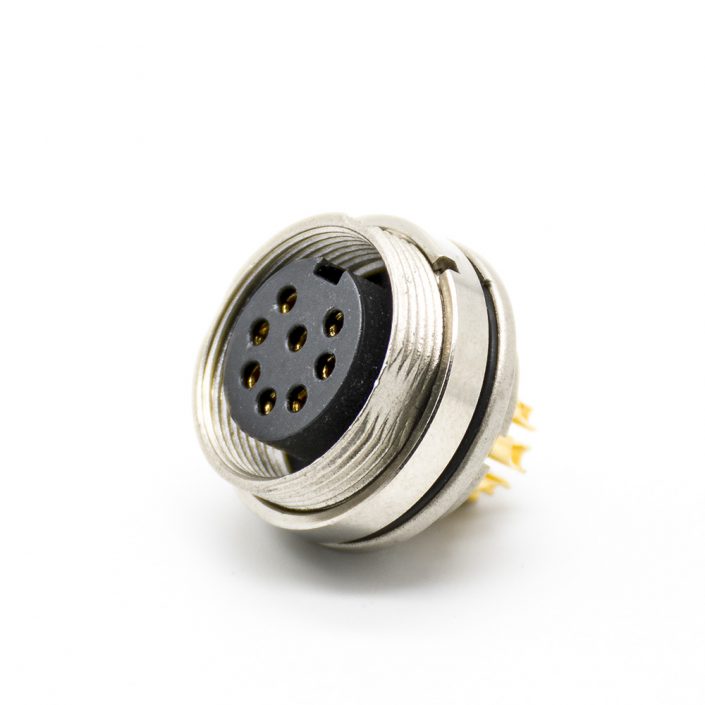 8芯M16連接器母插座接面板前鎖板直式焊線帶屏蔽