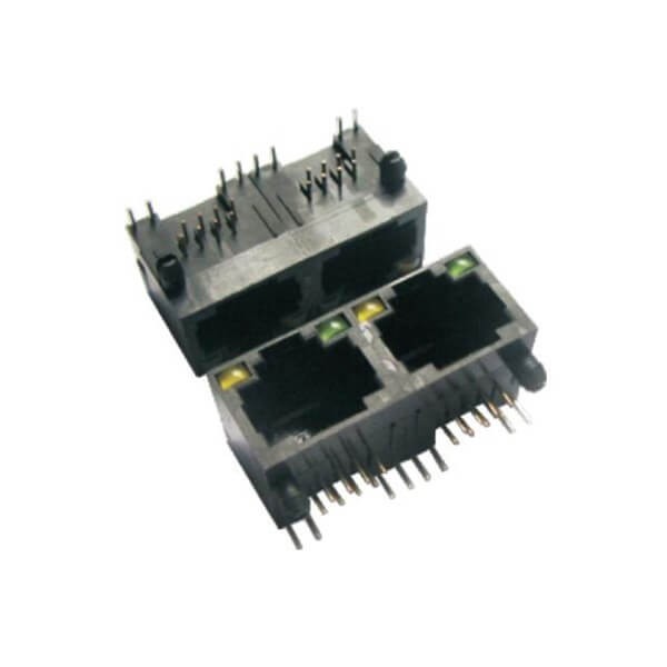 帶燈RJ45網絡插座1X2網口90度連接器8P8C黃綠燈非屏蔽