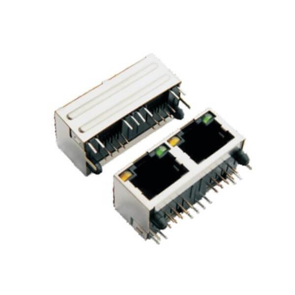 RJ45插座帶燈左黃右綠90度屏蔽雙口單層網絡連接器