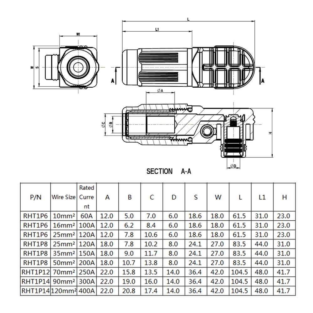 RHT-1P-8O-C50-R&RHT-1S-8O-BL-L_4 新能源汽車換電連接器彎式8mm橙色IP65 200A插頭插座對接款
