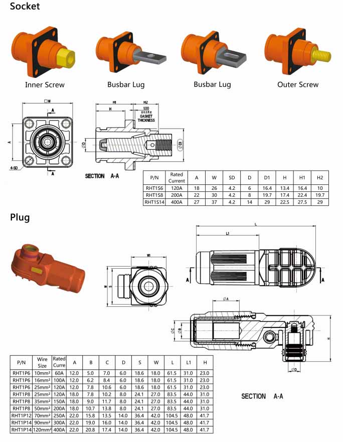 新能源汽車換電連接器彎式8mm橙色IP65 200A插頭插座對接款